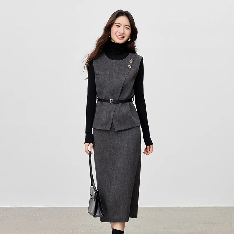 Asymmetric Vest and Straight Skirt Set