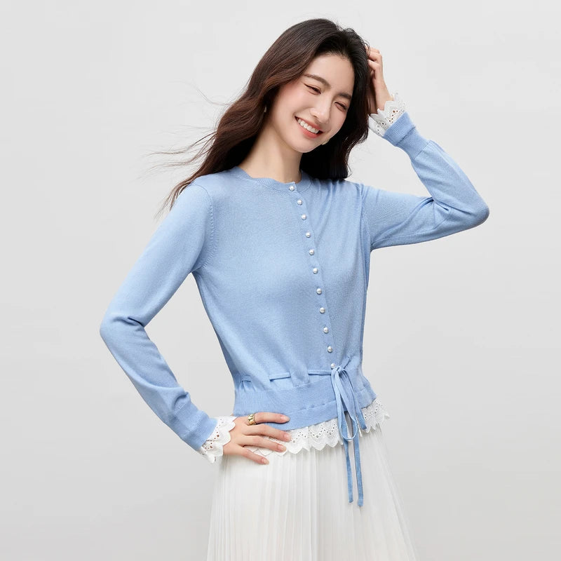 Lace-Trim Drawstring Cardigan