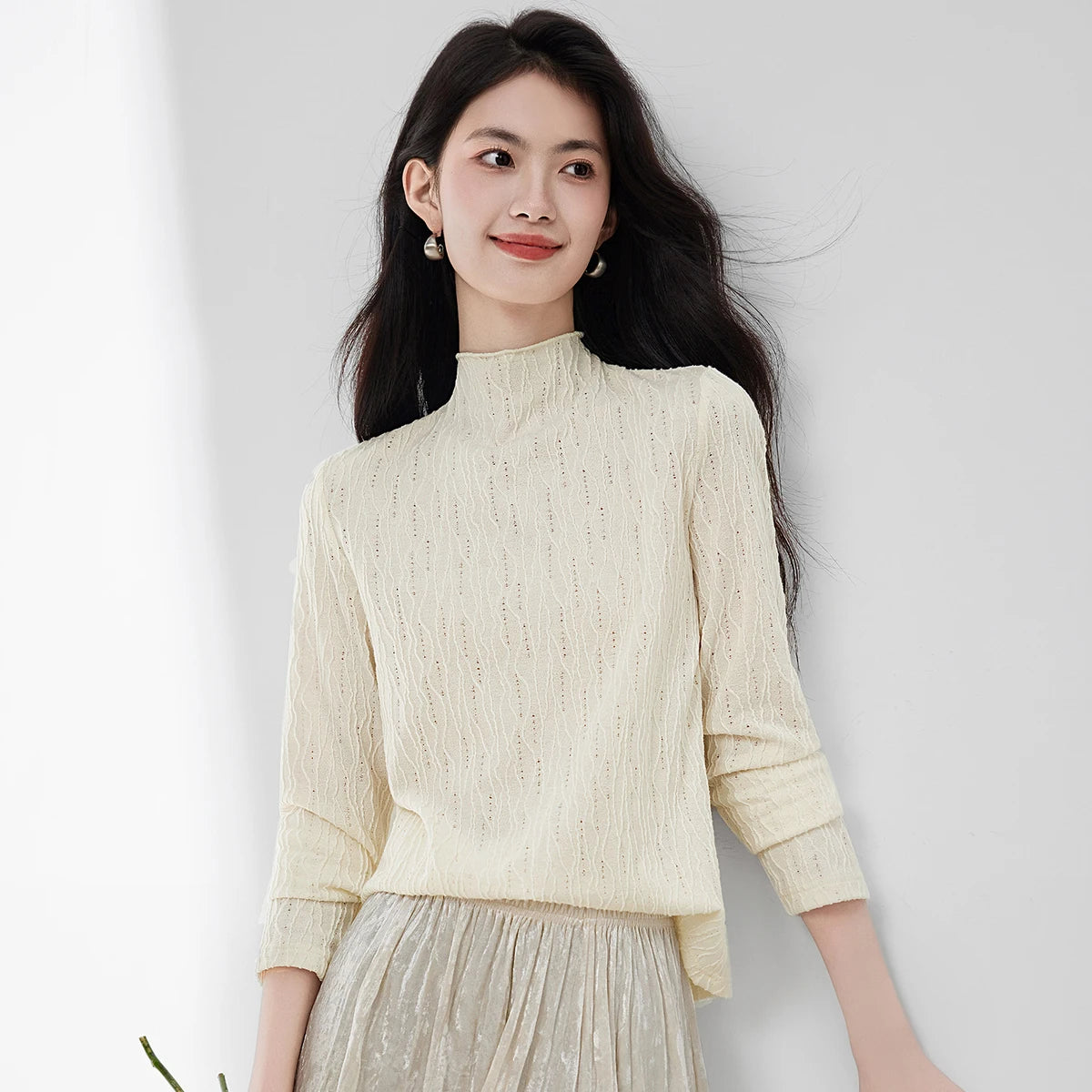 Textured Mock-Neck Long-Sleeve Top
