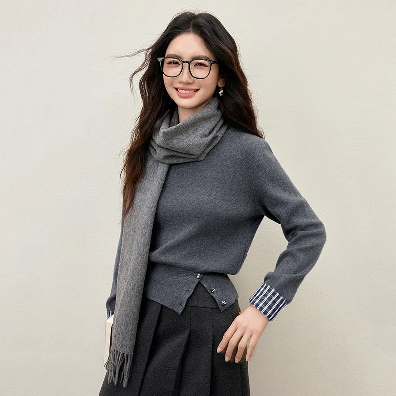 Contrast-Cuff Side-Button Sweater