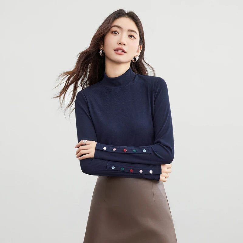 Button-Cuff Mock-Neck Top