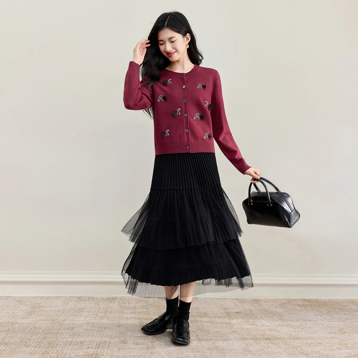 Horse-Motif Button-Front Cardigan