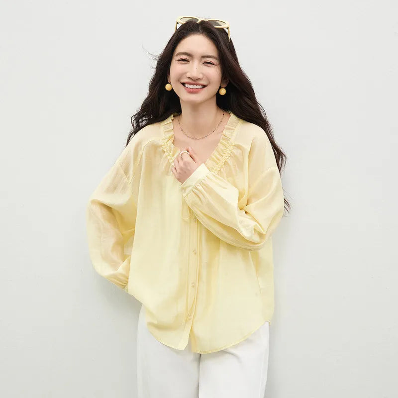 Ruffle-Trim Tie-Neck Blouse