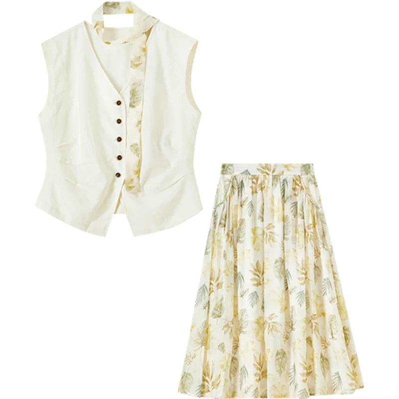 Vest and Floral Midi Skirt Set