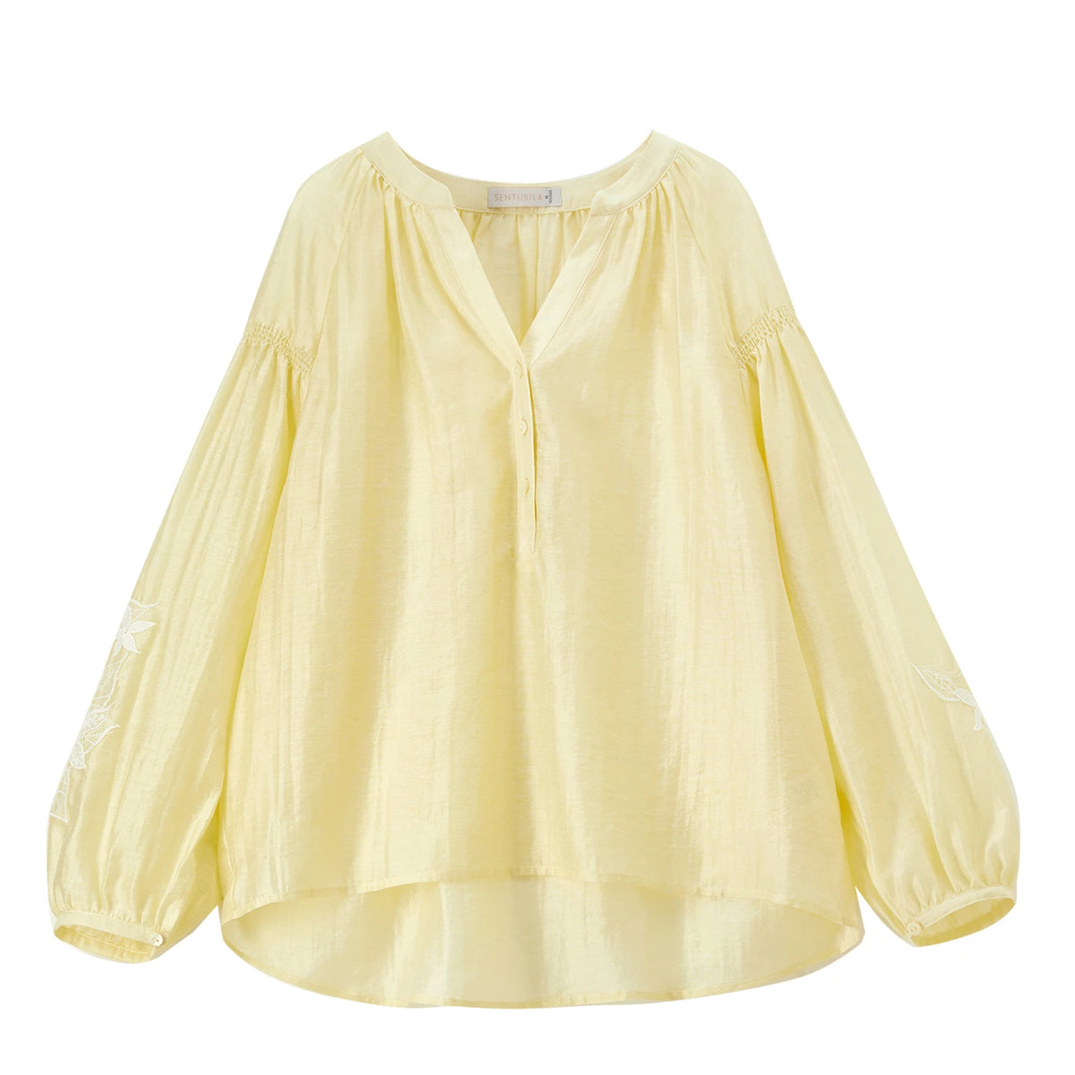 Floral-Sleeve Gathered-Neck Blouse
