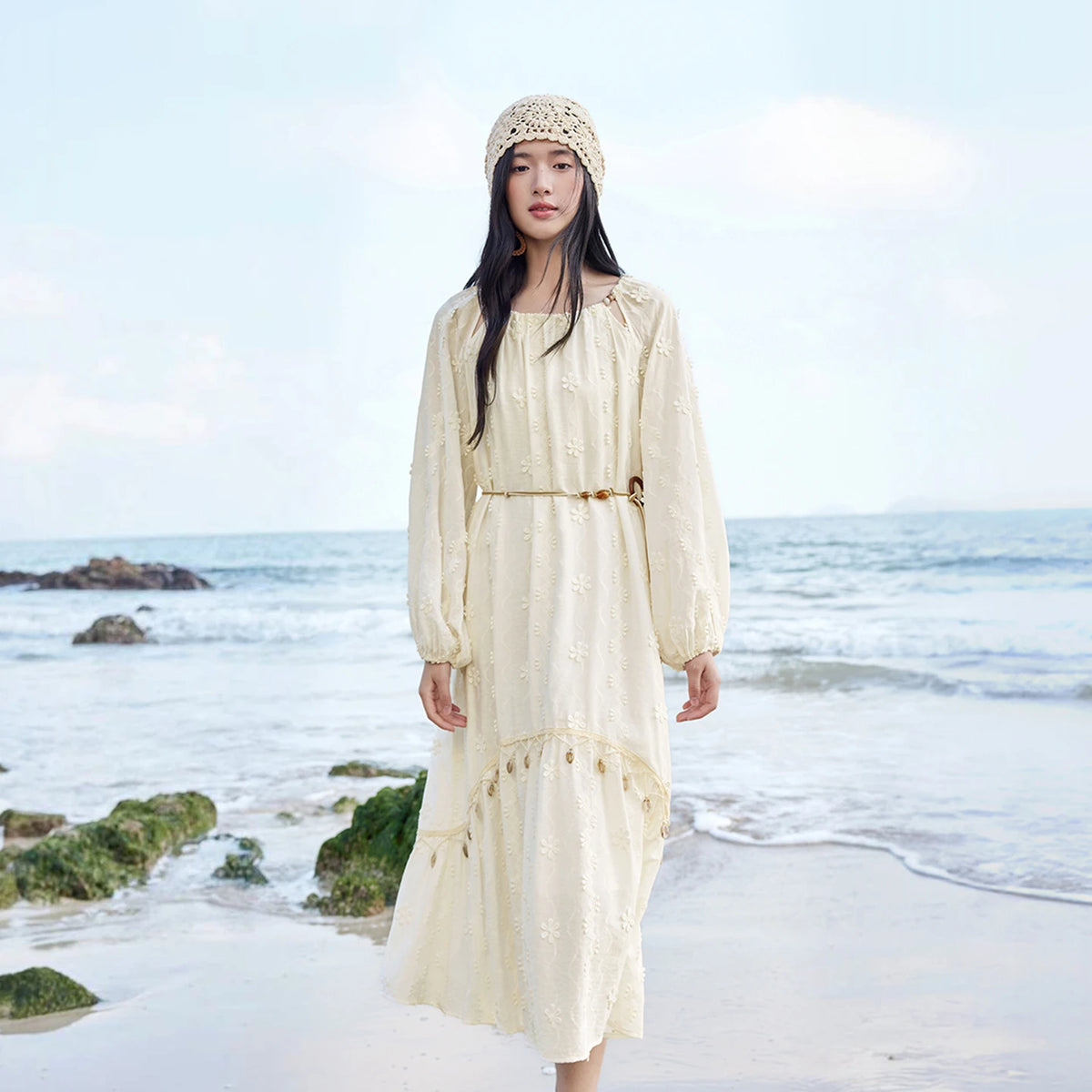Tassel-Trim Balloon-Sleeve Midi Dress