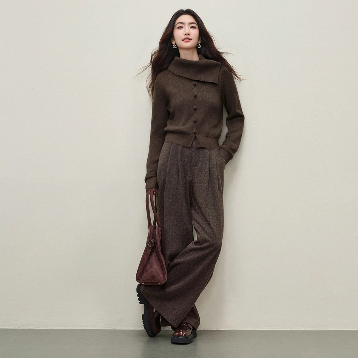 Asymmetric-Collar Button-Detail Sweater