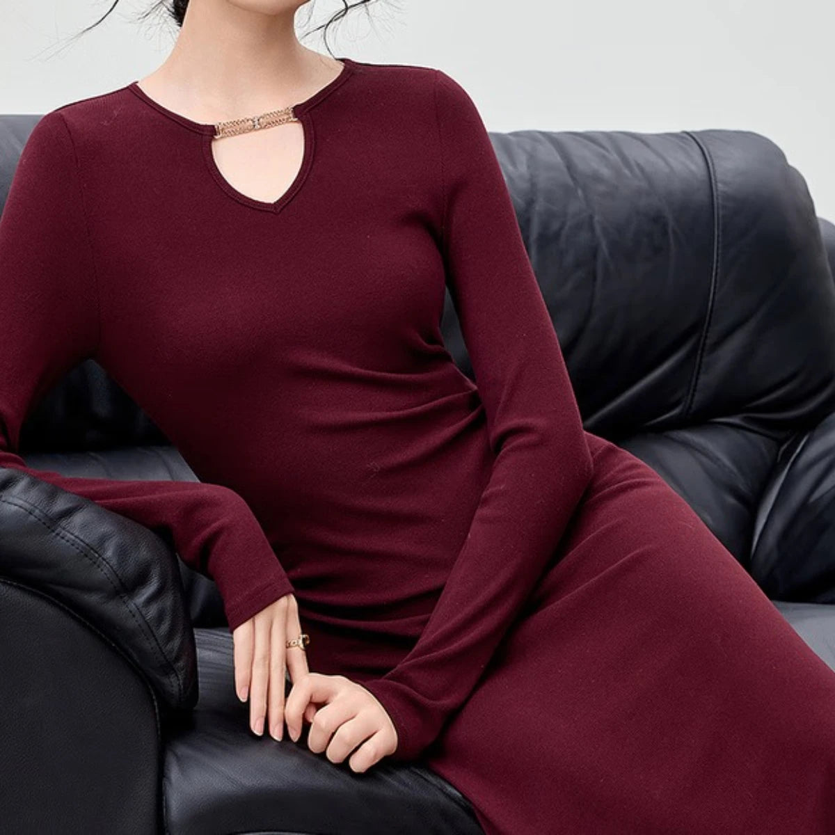 Keyhole-Neck Long-Sleeve Dress