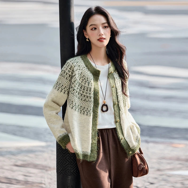 Fair-Isle Round-Neck Cardigan