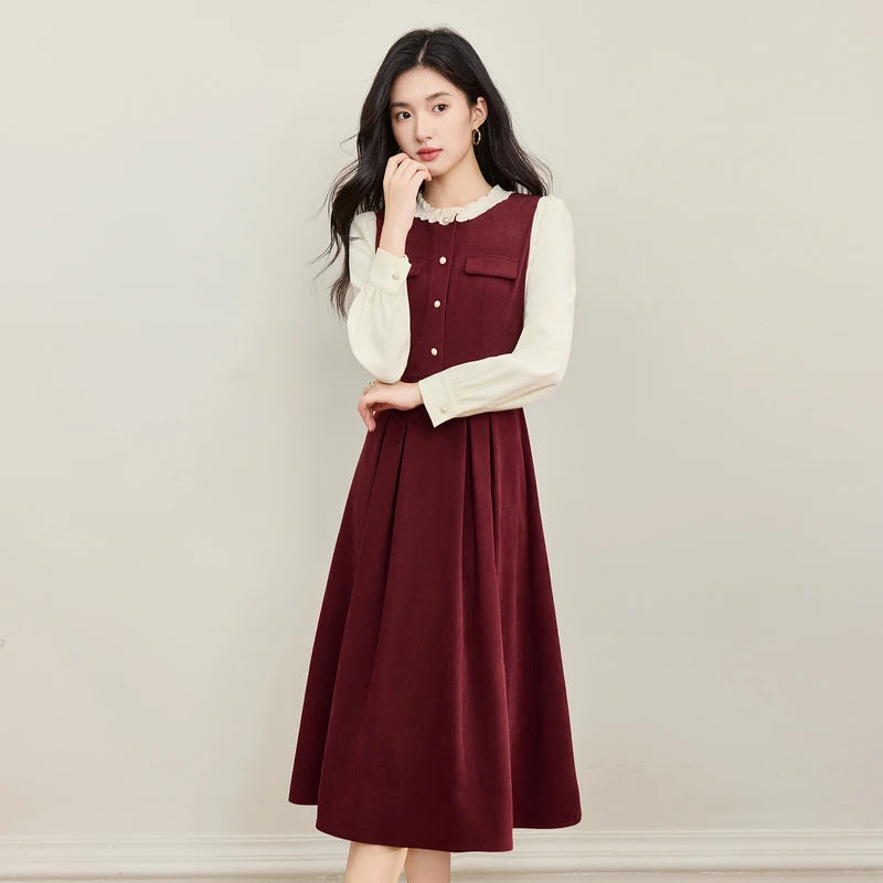 Contrast-Sleeve Pleated Dress