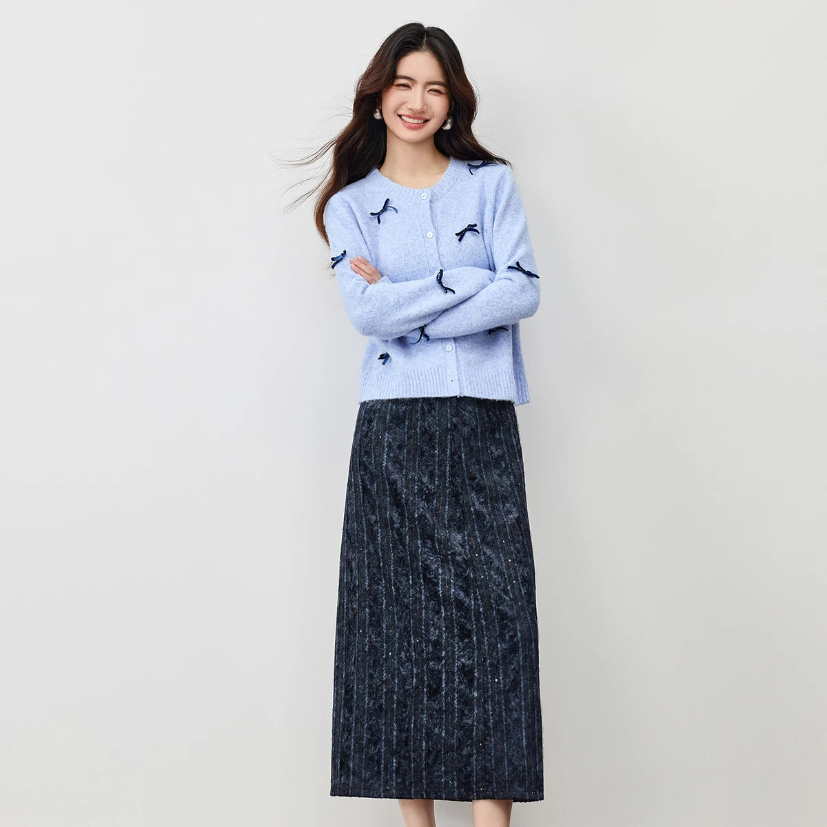 Bow-Detail Cardigan and Midi Skirt Set