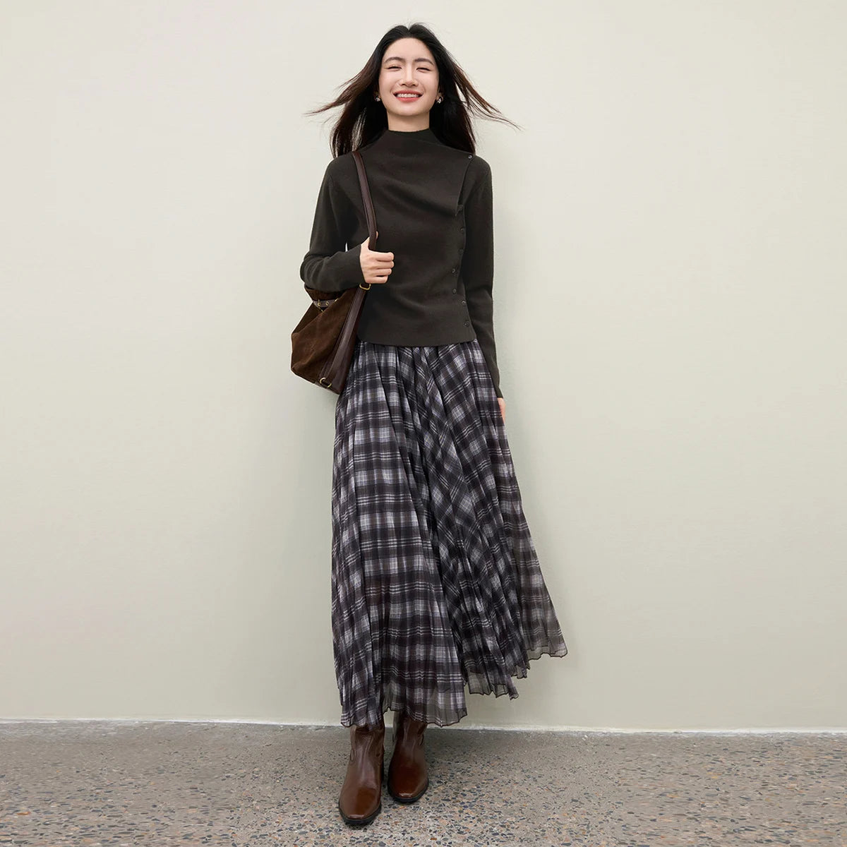 Asymmetric-Collar Button-Detail Sweater