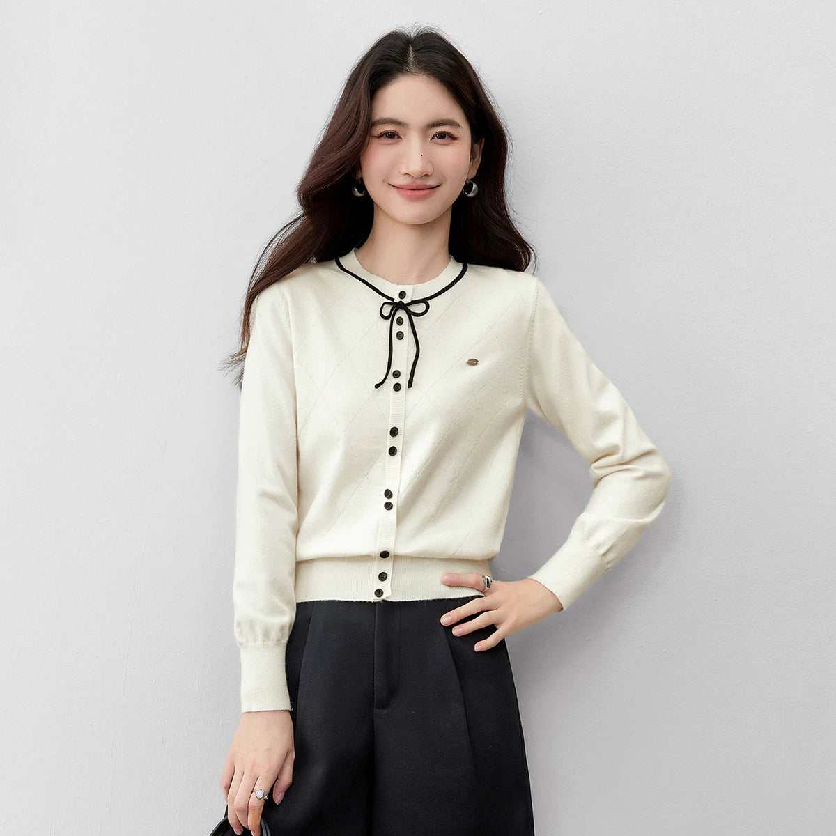 Contrast-Trim Tie-Neck Cardigan