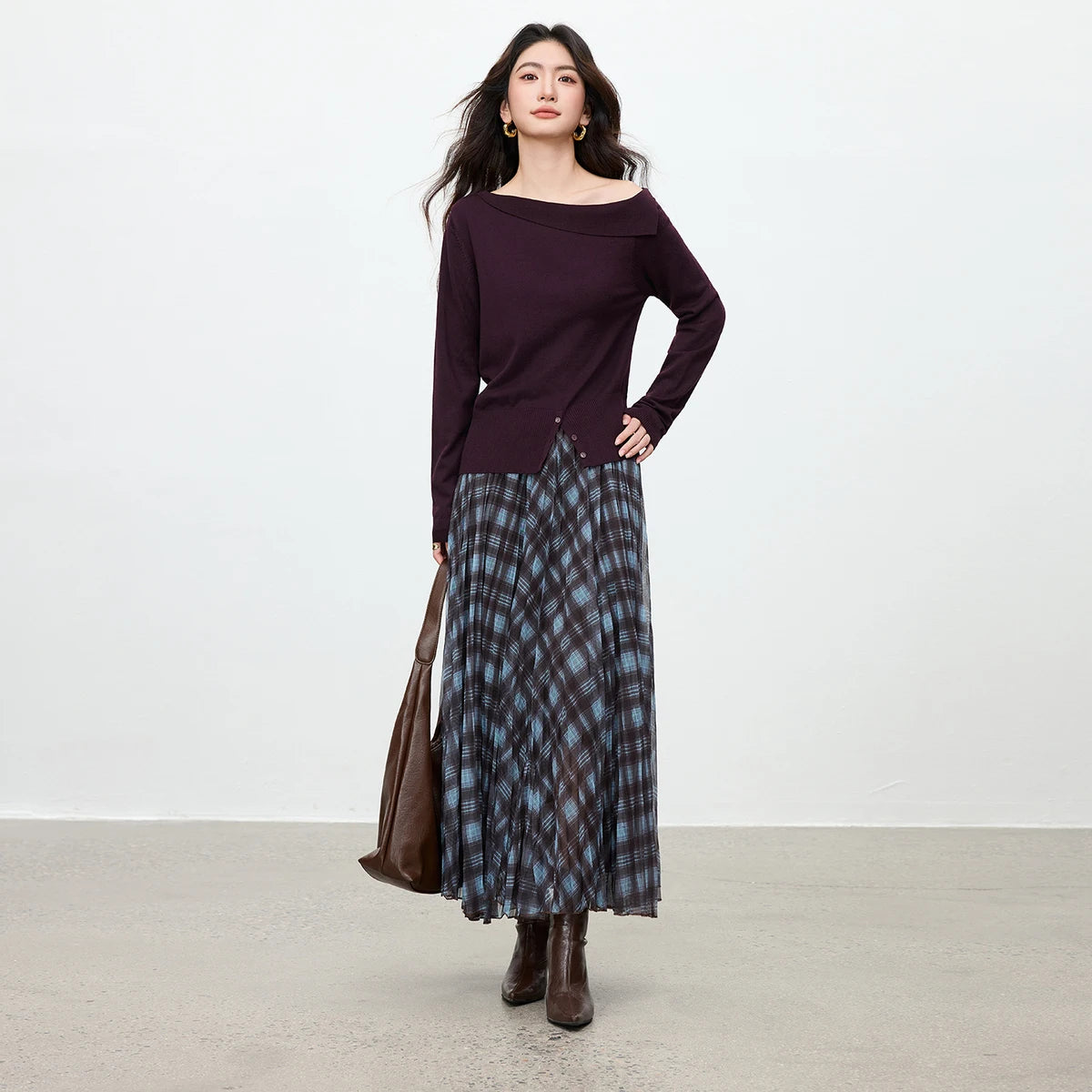 Boat-Neck Sweater and Plaid Skirt Set