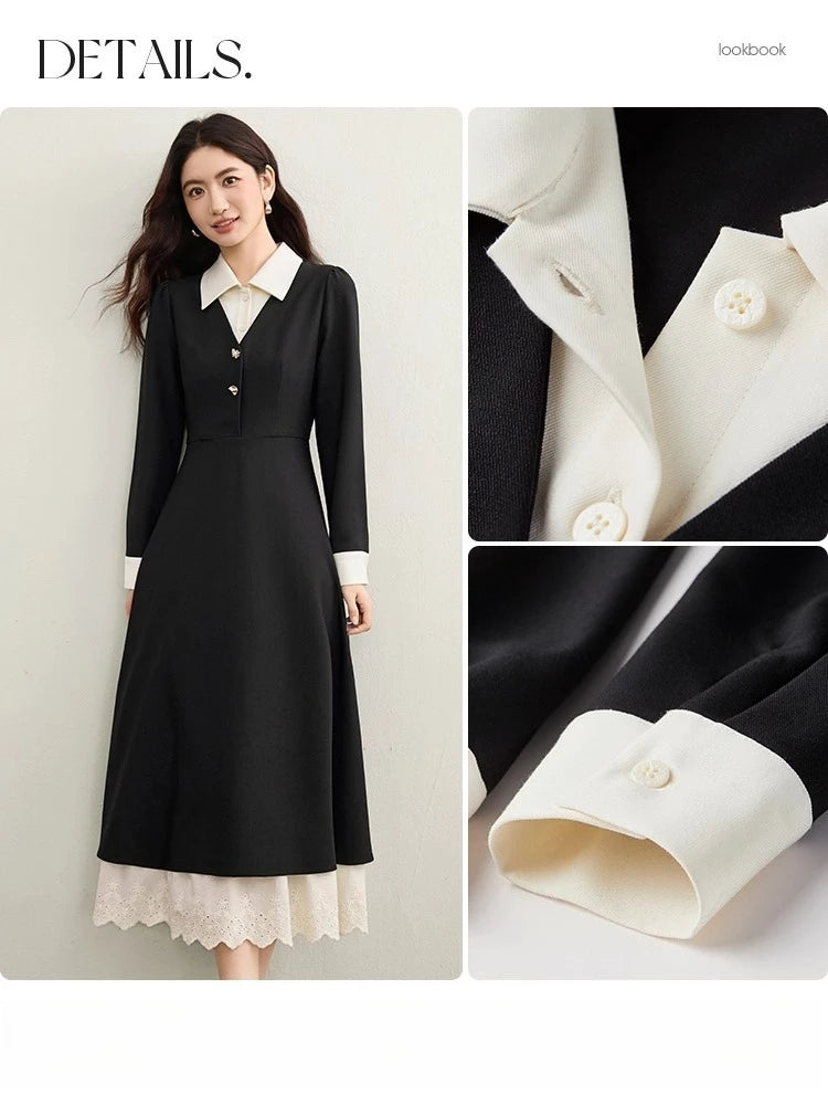 Contrast-Collar Lace-Hem Dress