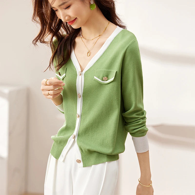 Contrast-Trim V-Neck Cardigan