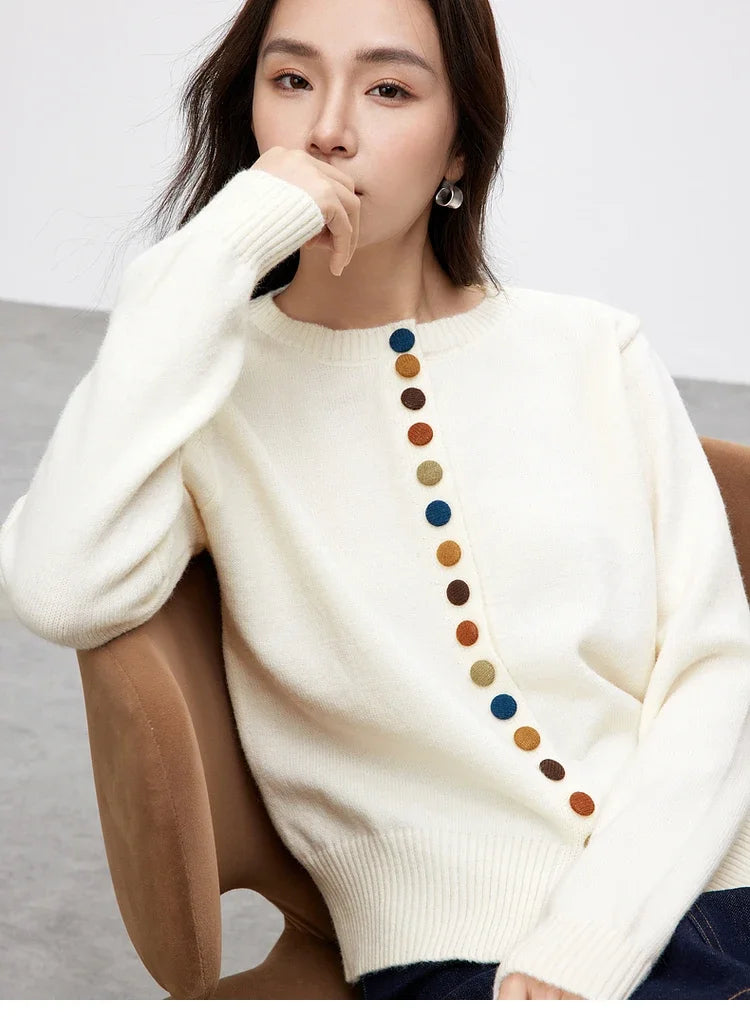 Contrast-Button Crew-Neck Cardigan