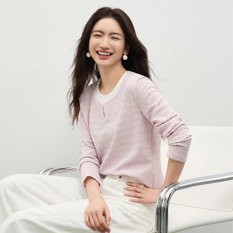 Contrast-Neck Textured Top