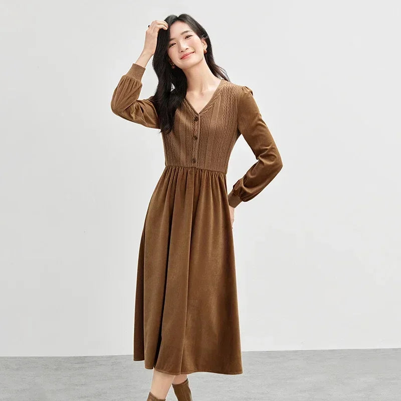 V-Neck Long-Sleeve Midi Dress