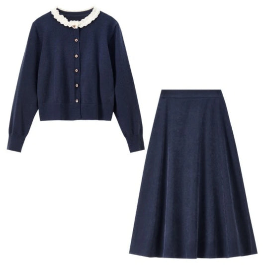 Lace-Trim Cardigan and Skirt Set