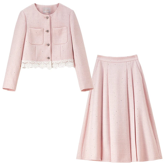 Lace-Trim Jacket and Pleated Skirt Set