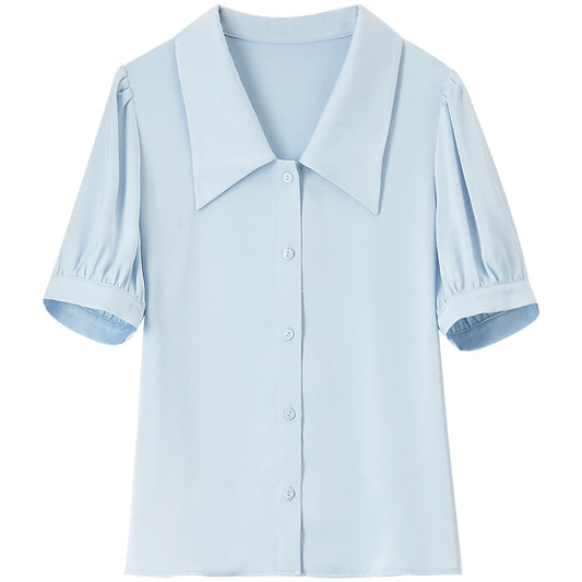 Wide-Collar Puff-Sleeve Blouse