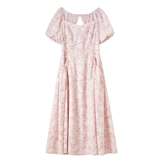 Square-Neck Puff-Sleeve Midi Dress