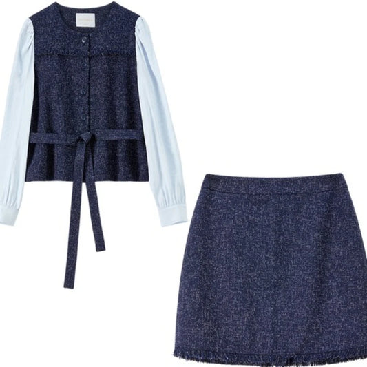 Contrast-Sleeve Top and Skirt Set