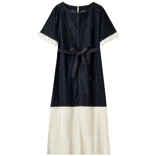 Contrast Pleated-Hem Midi Dress