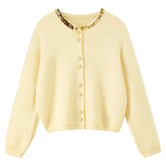 Embellished-Neck Button-Front Cardigan