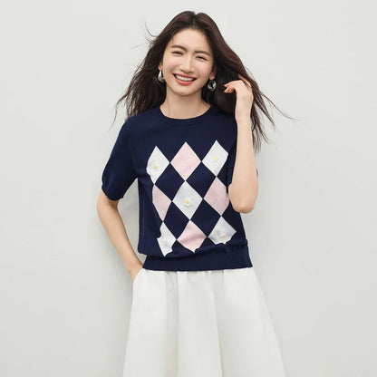 Argyle Short-Sleeve Sweater