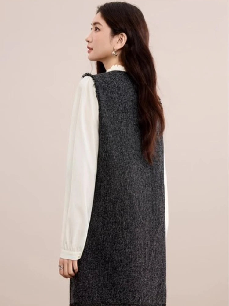 Contrast-Sleeve Tie-Neck Shift Dress