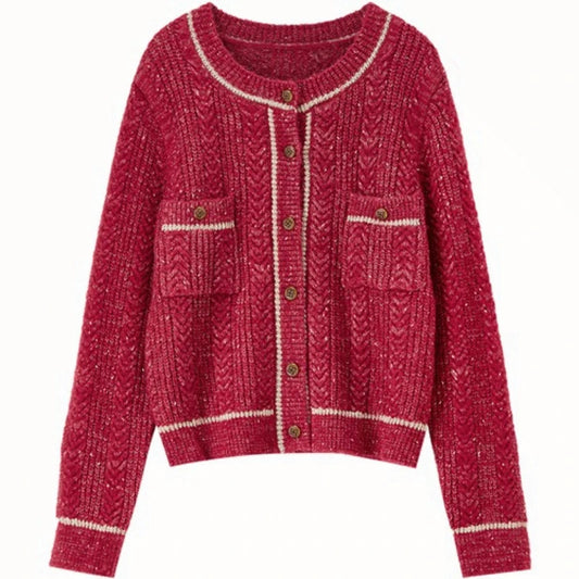 Contrast-Trim Patch-Pocket Cardigan