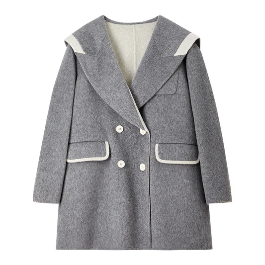Contrast-Trim Double-Breasted Coat