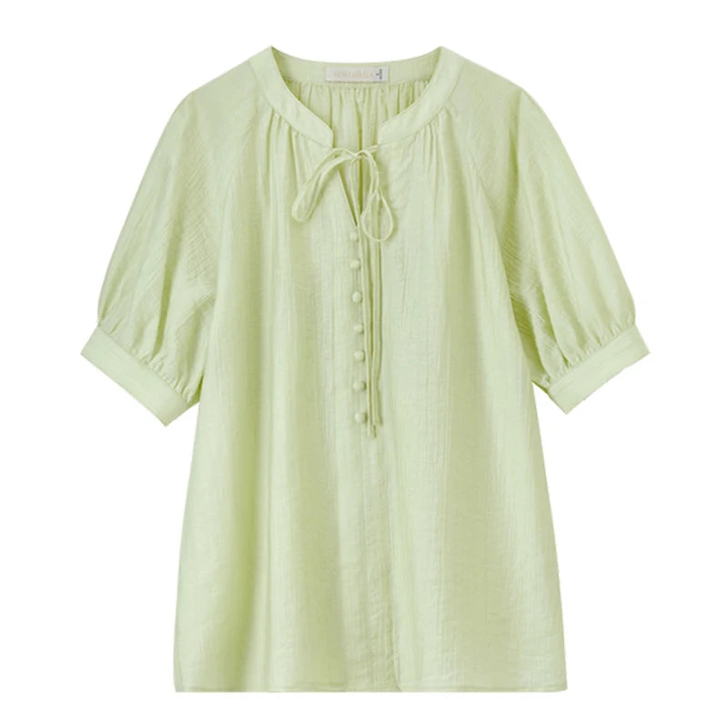 Tie-Neck Short-Sleeve Blouse