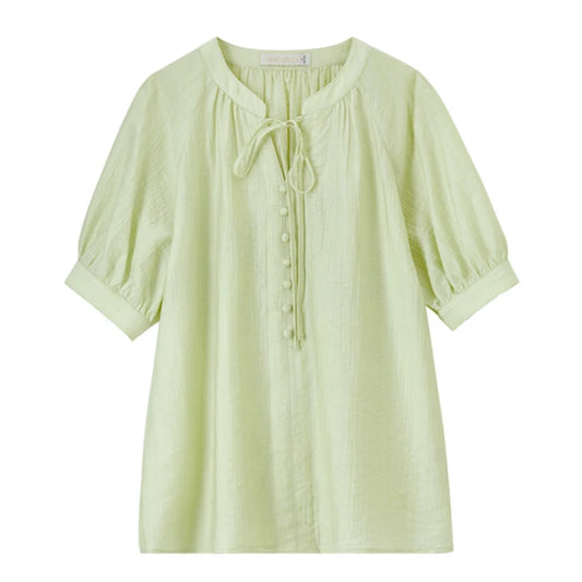 Tie-Neck Short-Sleeve Blouse