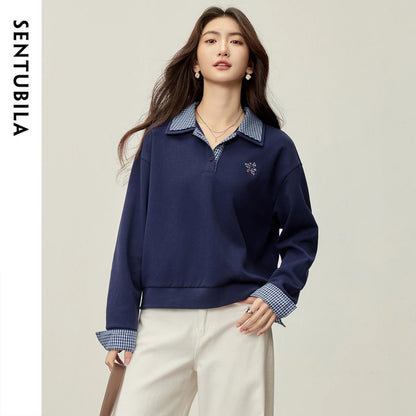 Gingham-Trim Collared Sweatshirt