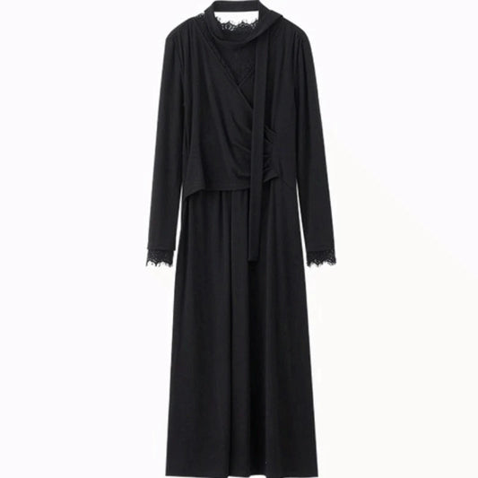 Lace-Trim Long-Sleeve Midi Dress