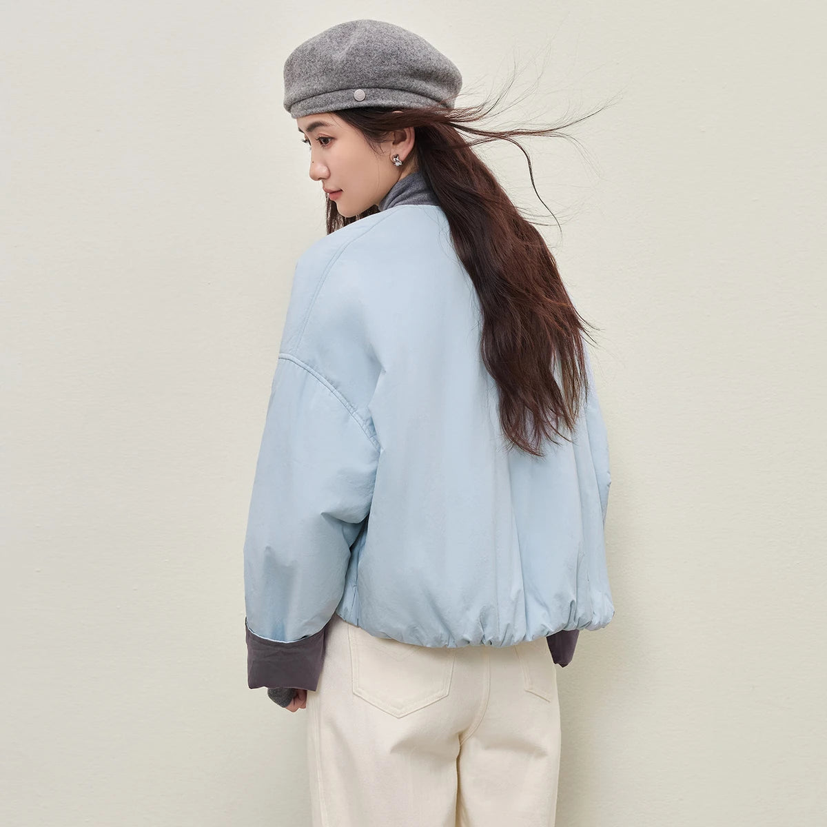Contrast-Cuff Zip-Up Jacket