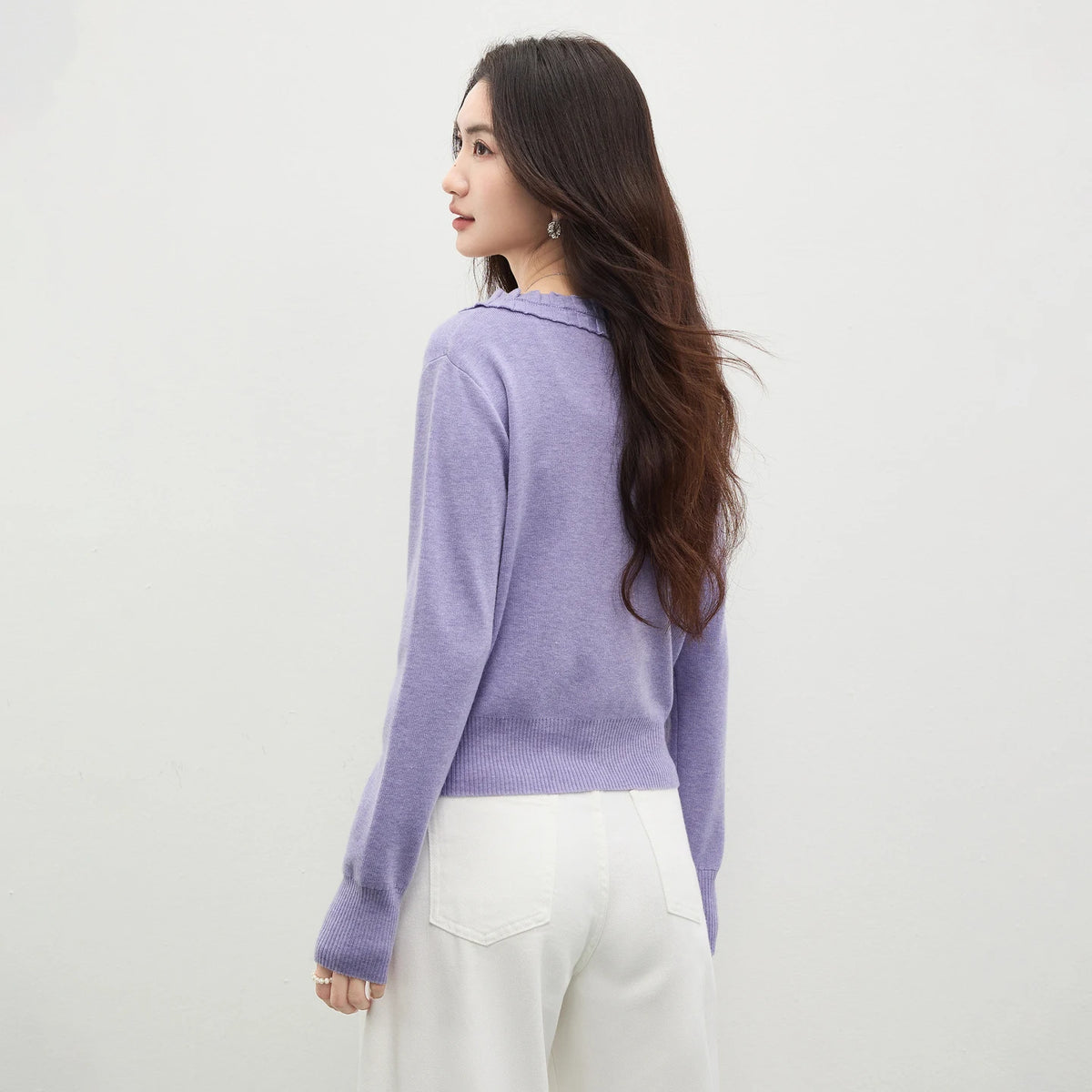 Ruffle-Trim Tie-Neck Cardigan