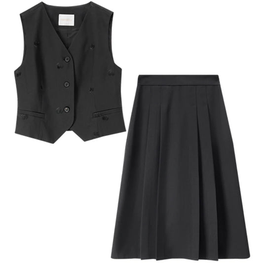 Button-Front Vest and Pleated Skirt Set