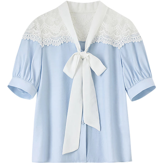 Lace-Yoke Tie-Neck Blouse