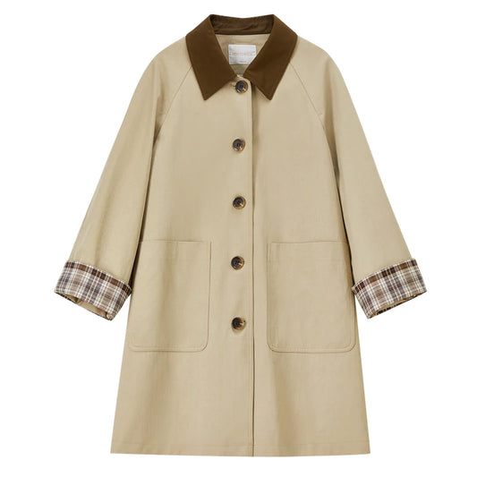 Contrast-Collar Plaid-Cuff Coat