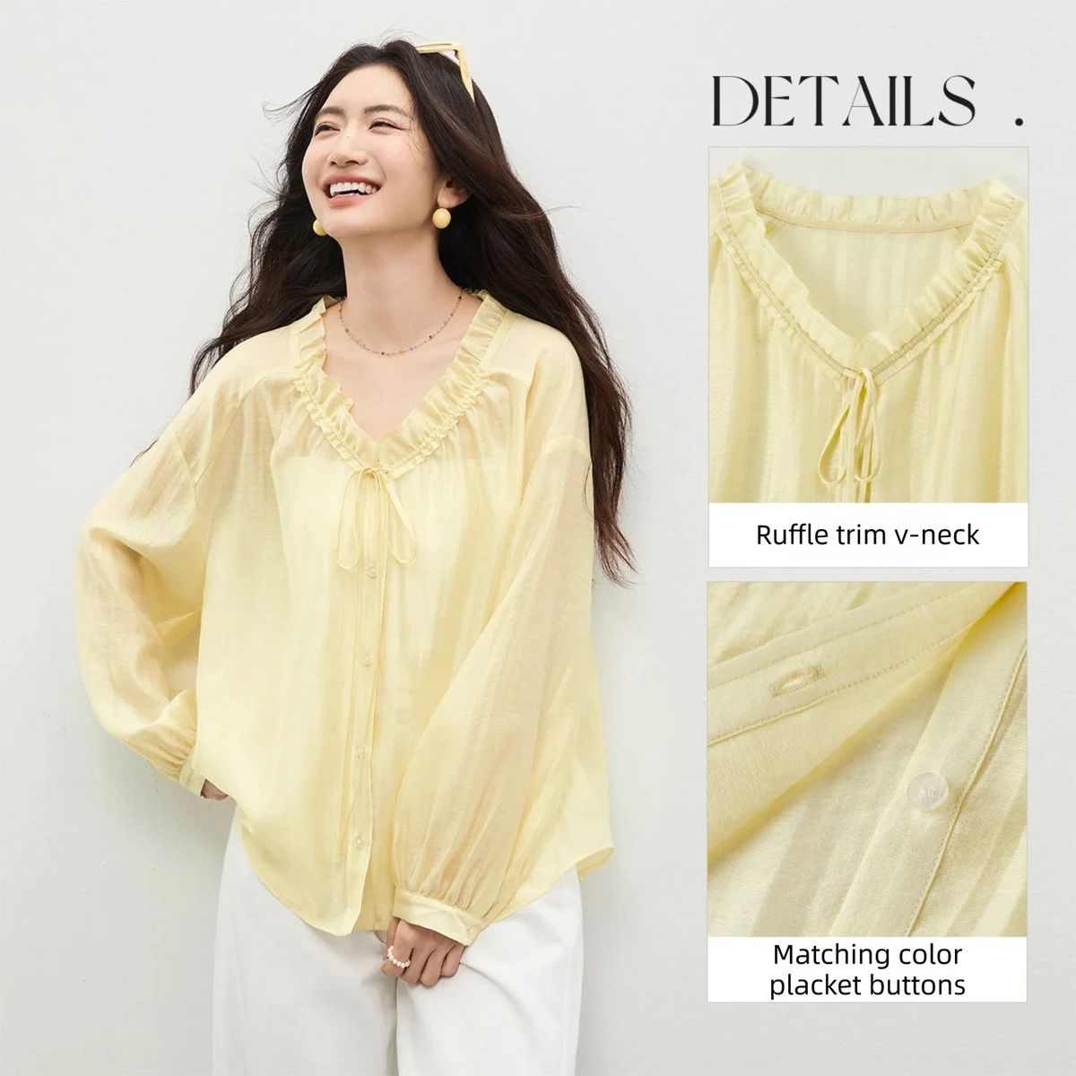 Ruffle-Trim Tie-Neck Blouse