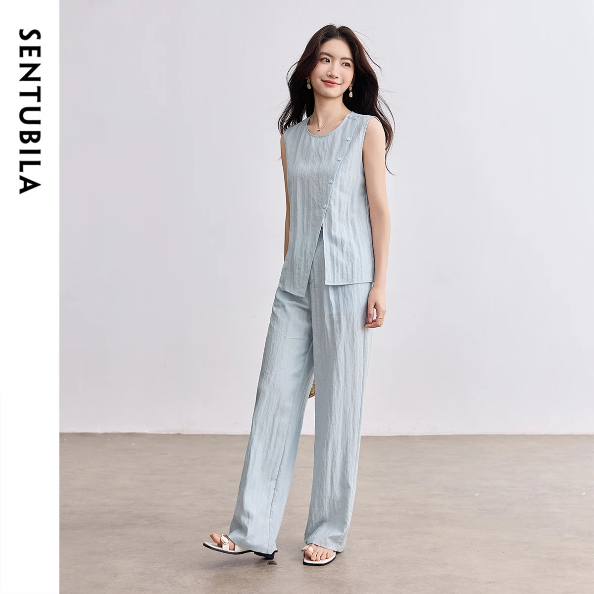 Asymmetric Top and Wide-Leg Pants Set