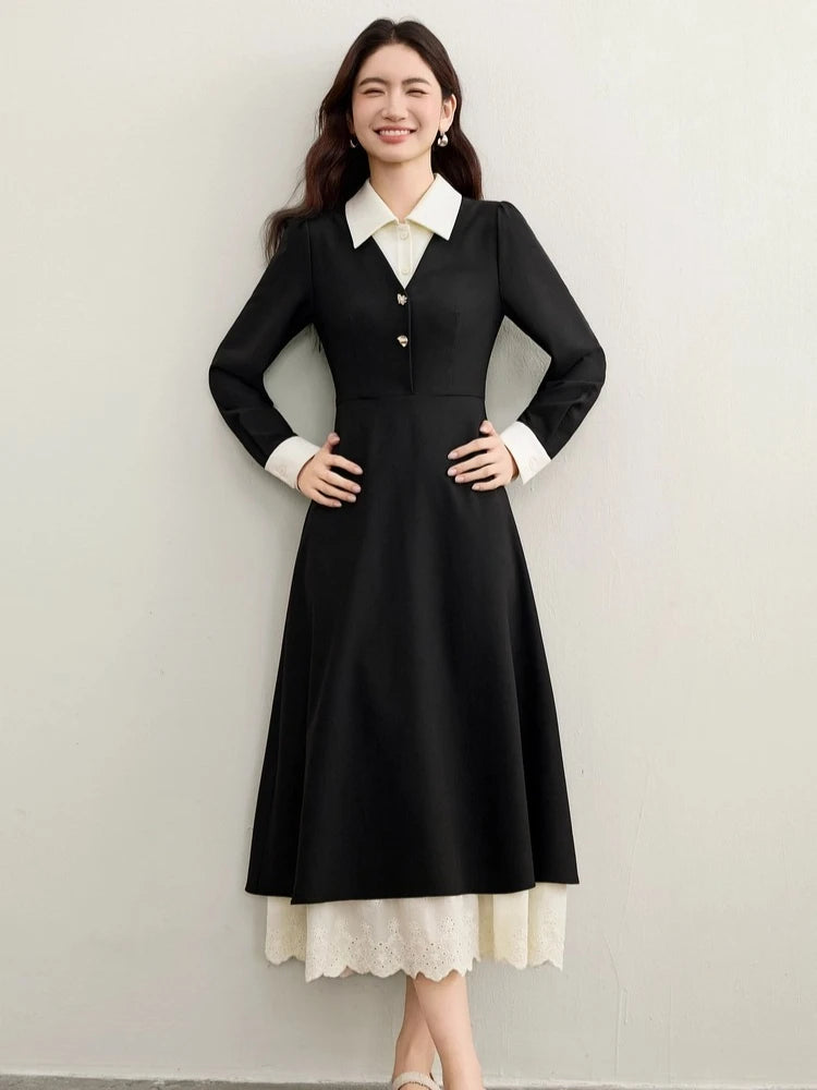 Contrast-Collar Lace-Hem Dress