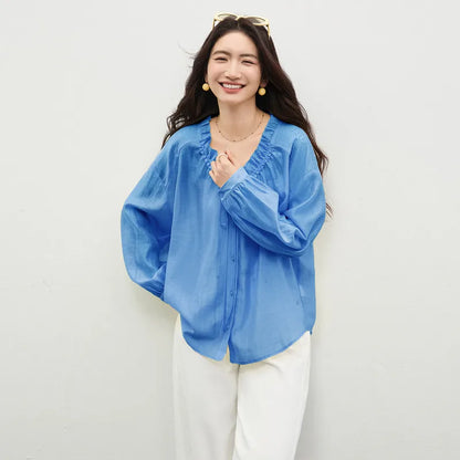 Ruffle-Trim Tie-Neck Blouse
