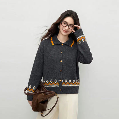 Geometric-Trim Stand-Collar Cardigan