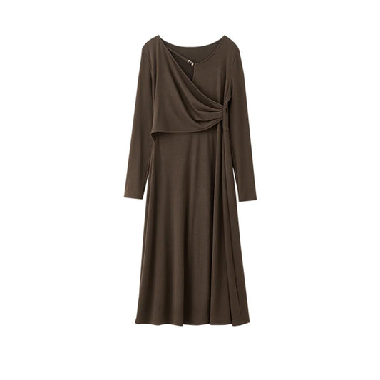 Draped Long-Sleeve Midi Dress
