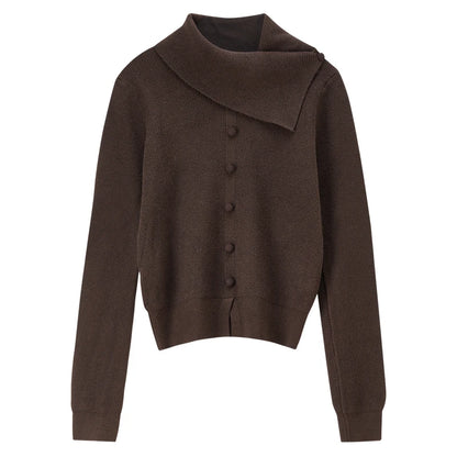 Asymmetric-Collar Button-Detail Sweater